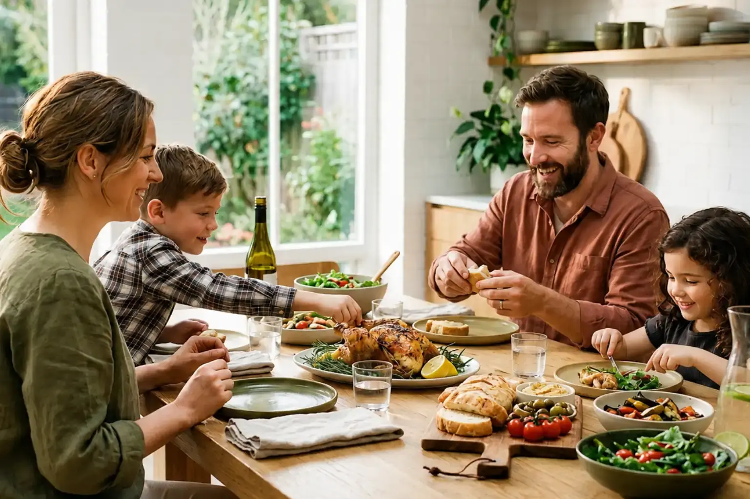 Familie mit zwei Kindern beim gemeinsamen Abendessen mit frisch gekochten Gerichten, Salat und Ofengemüse am Esstisch
